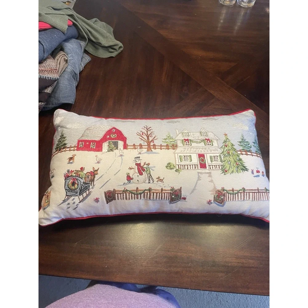Pier 1 Embroider Needle point Christmas Holiday Winter rectangular Pillow